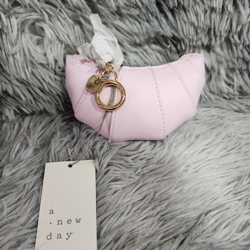 A New Day Keychain Croissant Coin Purse with Gold Heart Charm